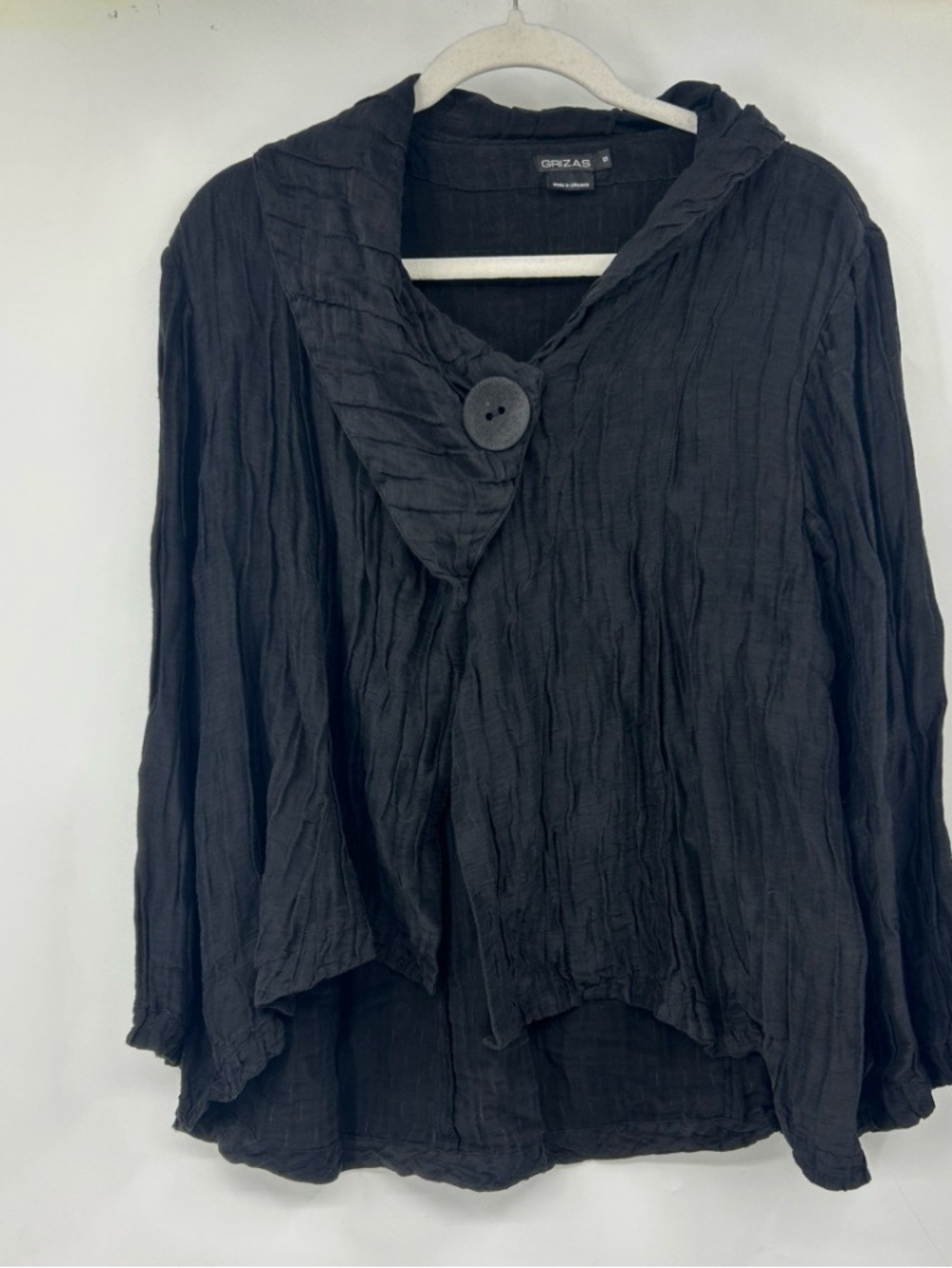 Grizas Women’s Linen Silk Black Crinkle Blouse Asymmetrical One Button Front S